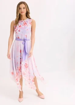 bonprix Bekleidung·Pullover & Strickjacken|Festliche Mode^Chiffonkleid mit Zipfelsaum und Bindeband helllila geblümt