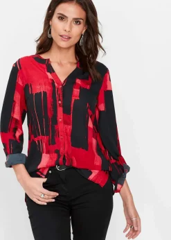 bonprix Bekleidung·Jacken & Mäntel|Blusen & Tuniken^Chiffon-Longbluse mit Druck rot/schwarz