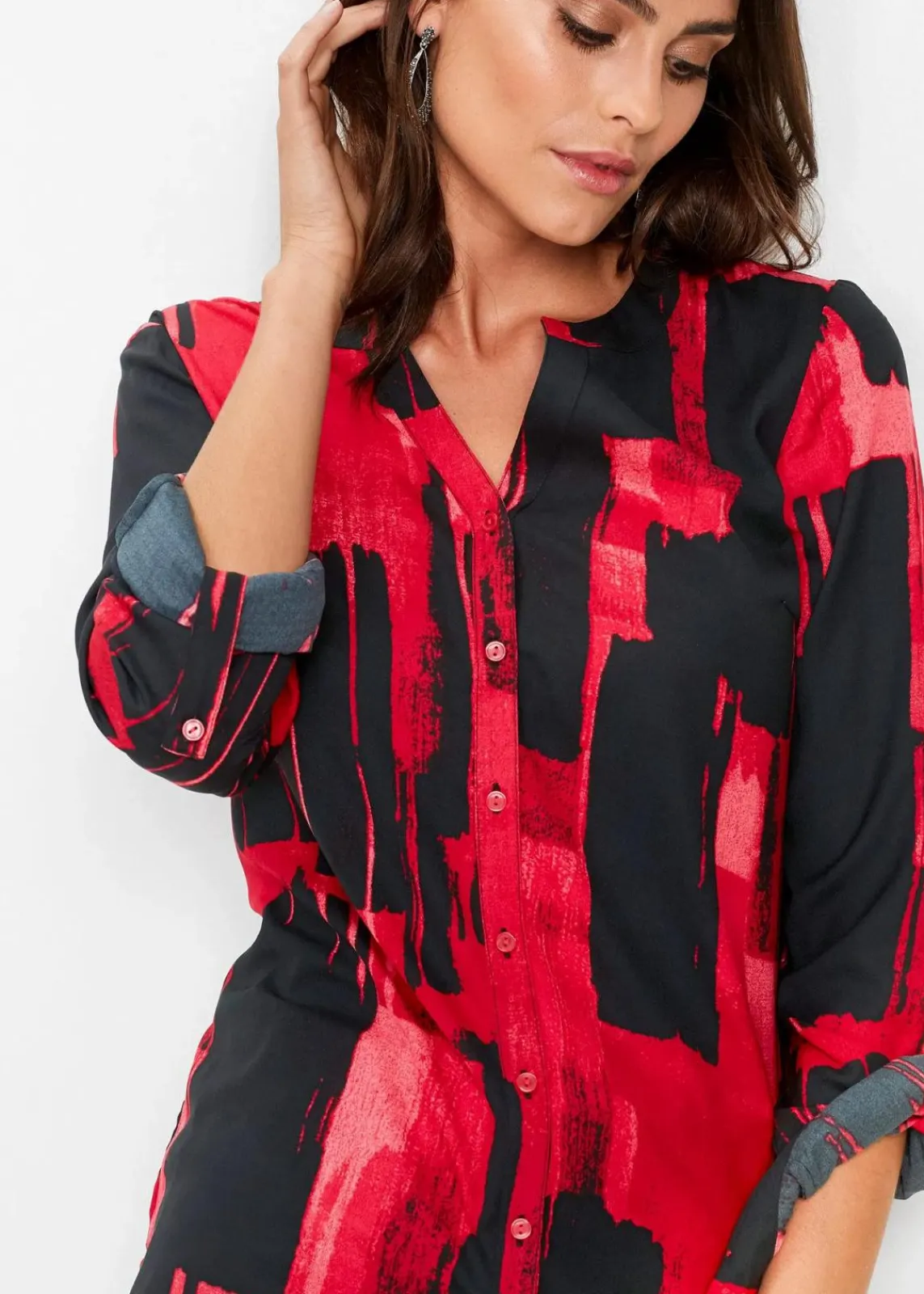 bonprix Bekleidung·Jacken & Mäntel|Blusen & Tuniken^Chiffon-Longbluse mit Druck rot/schwarz