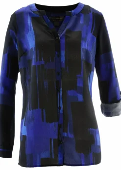 bonprix Blusen & Tuniken|Bekleidung·Jacken & Mäntel^Chiffon-Longbluse mit Druck saphirblau/schwarz