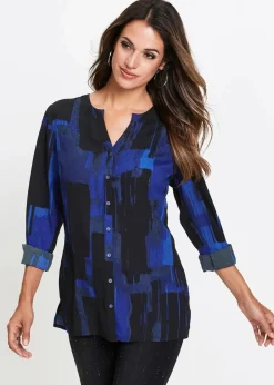 bonprix Blusen & Tuniken|Bekleidung·Jacken & Mäntel^Chiffon-Longbluse mit Druck saphirblau/schwarz