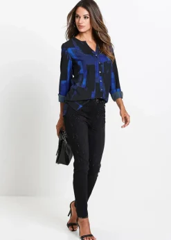bonprix Blusen & Tuniken|Bekleidung·Jacken & Mäntel^Chiffon-Longbluse mit Druck saphirblau/schwarz