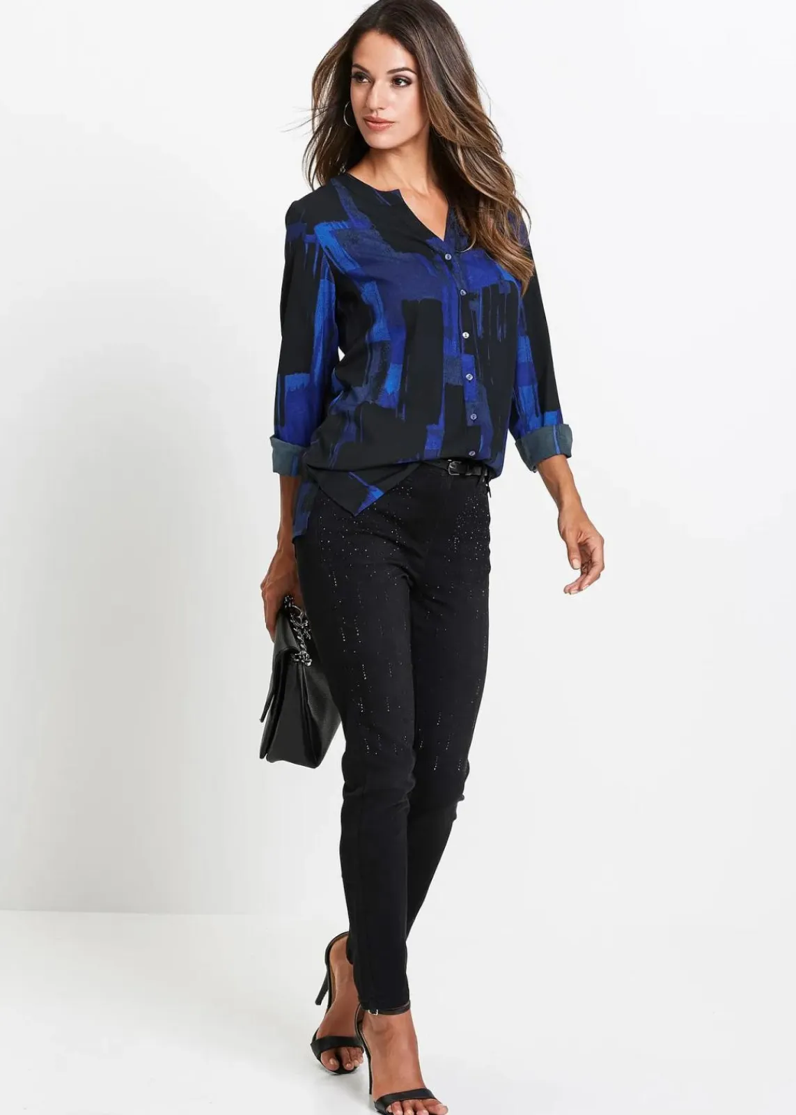 bonprix Blusen & Tuniken|Bekleidung·Jacken & Mäntel^Chiffon-Longbluse mit Druck saphirblau/schwarz