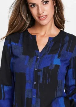 bonprix Blusen & Tuniken|Bekleidung·Jacken & Mäntel^Chiffon-Longbluse mit Druck saphirblau/schwarz