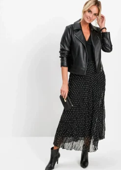 bonprix Bekleidung·Sportbekleidung|Nachhaltigere Materialien^Chiffon-Rock in Crash-Optik schwarz/weiß gepunktet