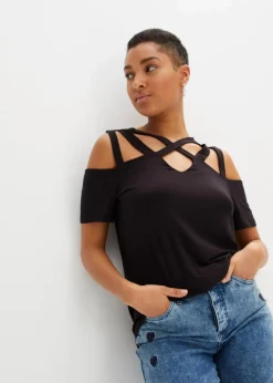 bonprix Shirts & Tops|Nachhaltigere Materialien^Cold-Shoulder-Shirt aus softer Viskose schwarz
