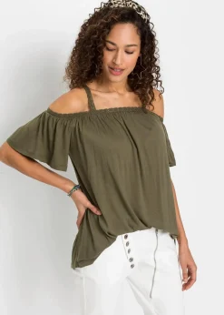 bonprix Nachhaltigere Materialien|Shirts & Tops^Cold-Shoulder-Shirt aus softer Viskose dunkeloliv
