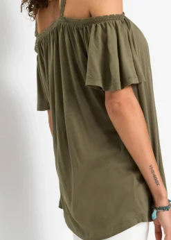 bonprix Nachhaltigere Materialien|Shirts & Tops^Cold-Shoulder-Shirt aus softer Viskose dunkeloliv