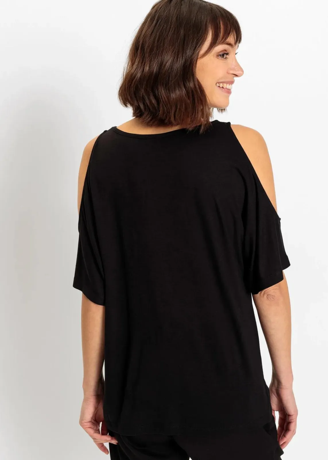bonprix Shirts & Tops|Nachhaltigere Materialien^Cold-Shoulder-Shirt aus Viskose schwarz/grau floral