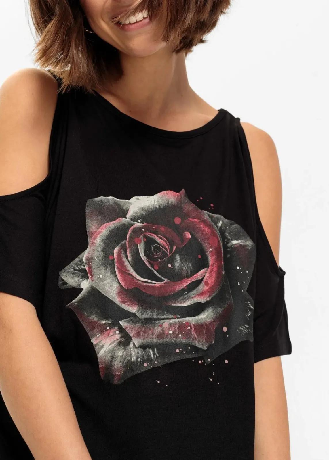 bonprix Shirts & Tops|Nachhaltigere Materialien^Cold-Shoulder-Shirt aus Viskose schwarz/grau floral