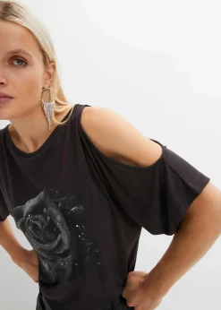 bonprix Nachhaltigere Materialien|Shirts & Tops^Cold-Shoulder-Shirt aus Viskose dunkelgrau floral