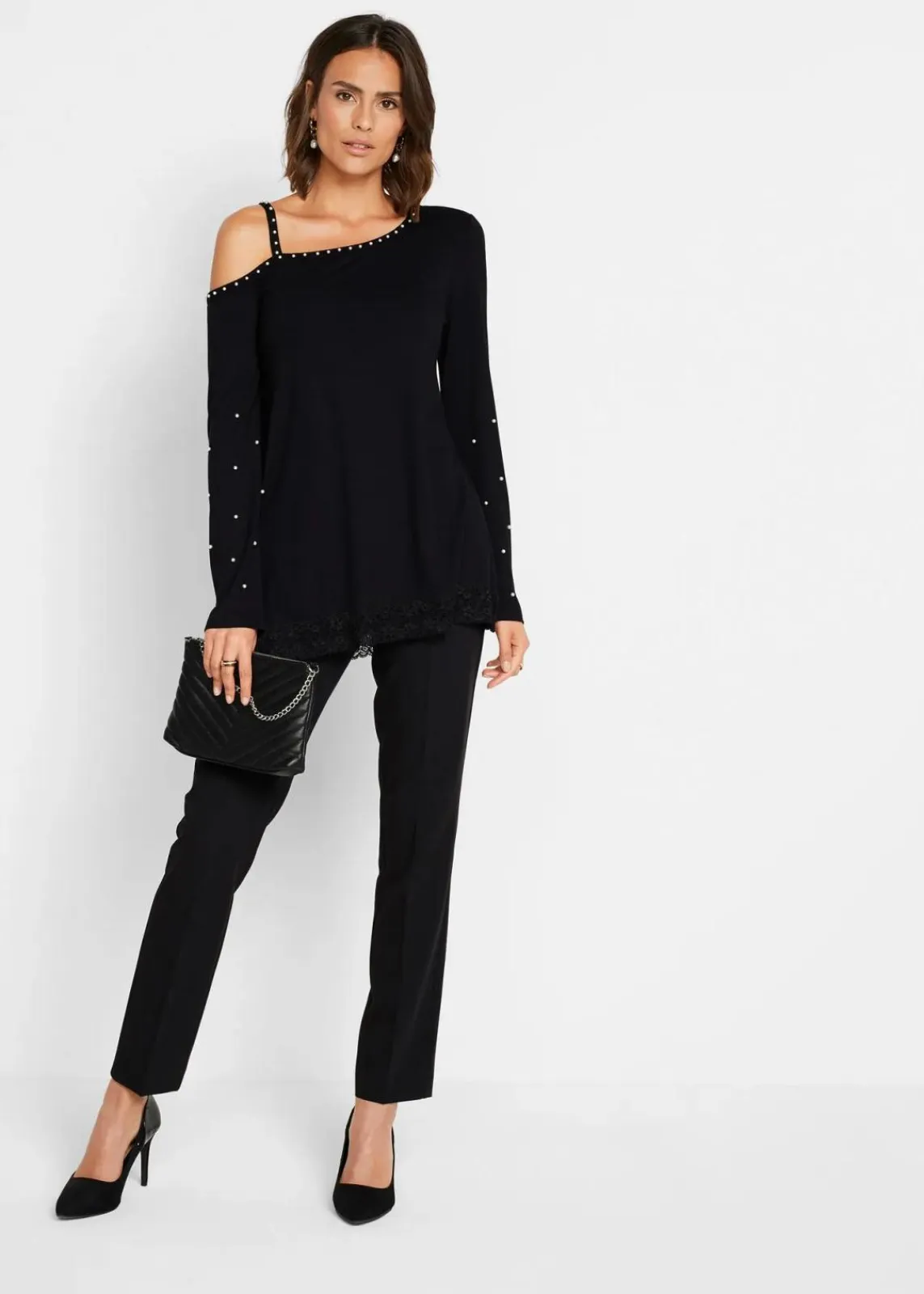 bonprix Shirts & Tops^Cold-Shoulder-Shirt mit Spitze und Perlen schwarz