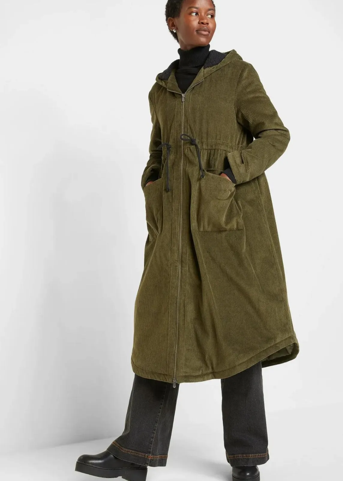 bonprix Jacken & Mäntel|Bekleidung·Hosen^Cord-Mantel mit Teddy-Fleece Kapuze aus reiner Baumwolle dunkeloliv