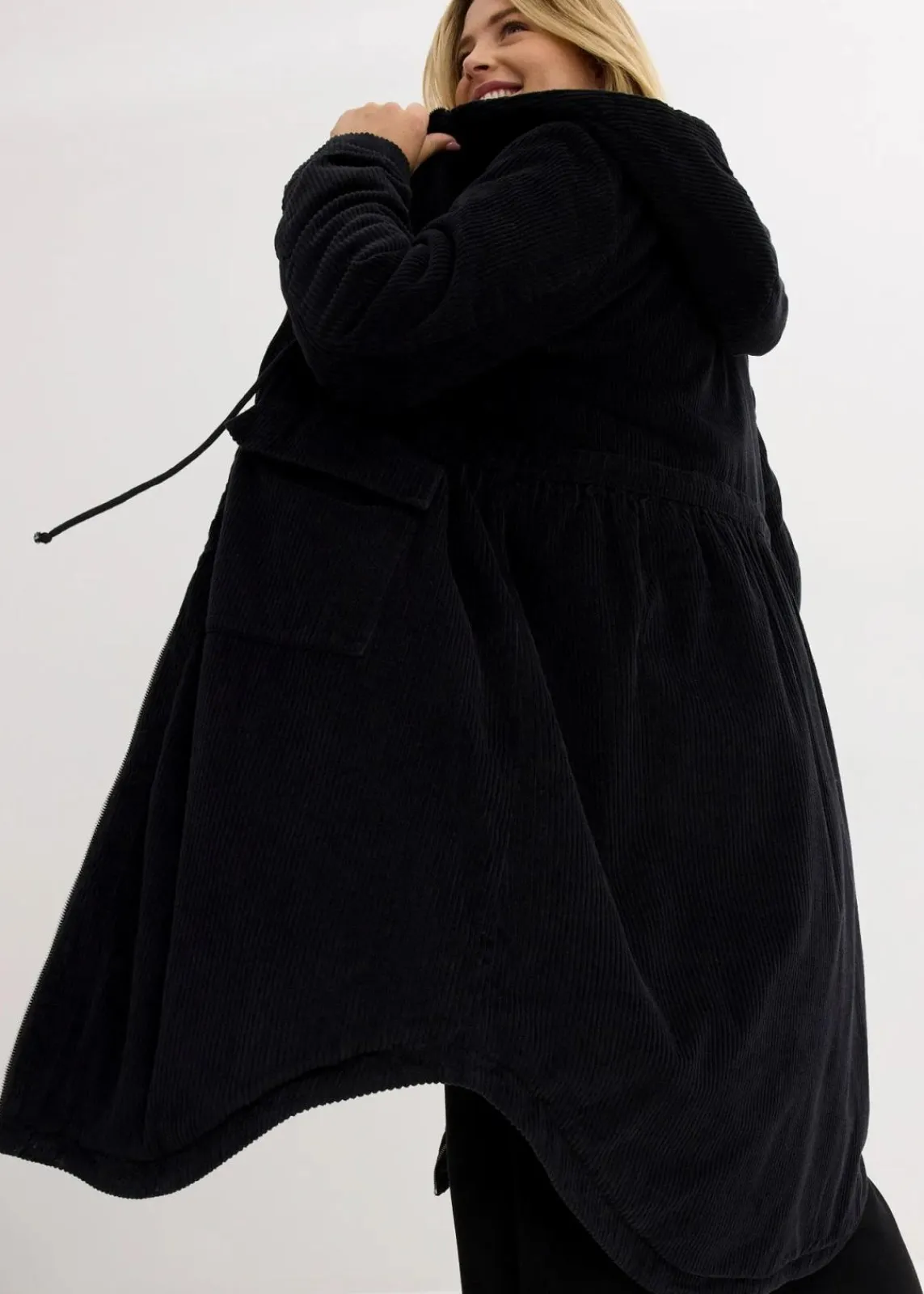 bonprix Bekleidung·Hosen|Jacken & Mäntel^Cord-Mantel mit Teddy-Fleece Kapuze aus reiner Baumwolle schwarz