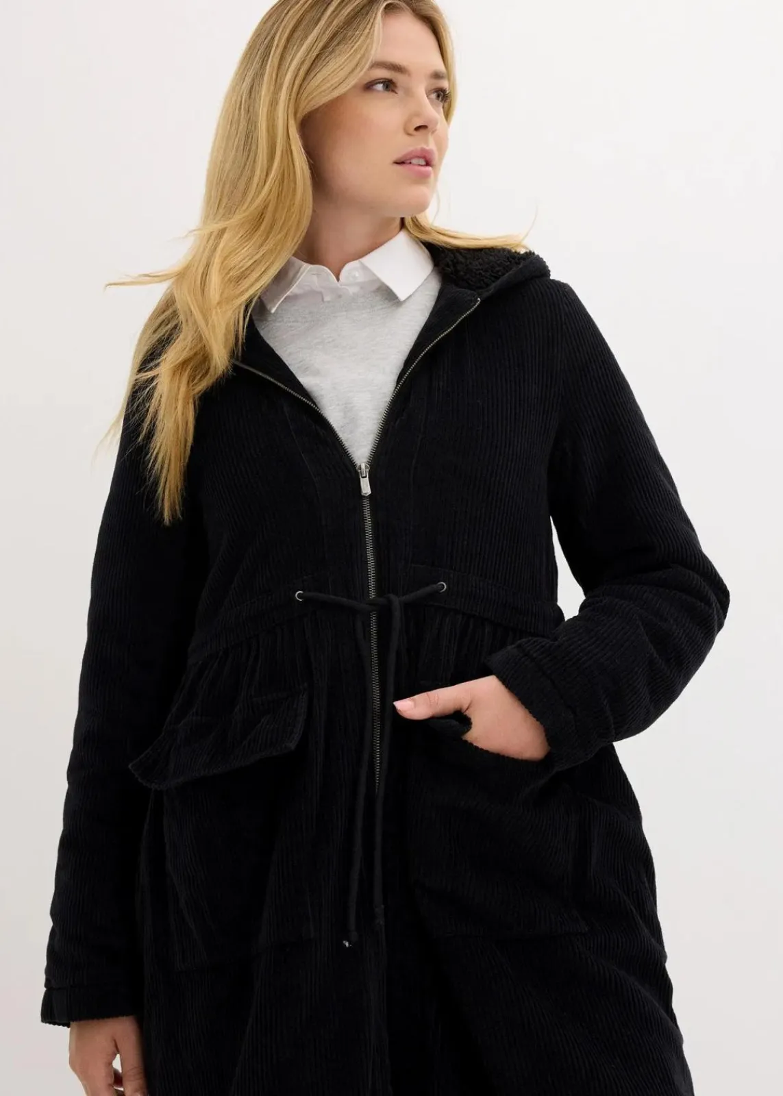 bonprix Bekleidung·Hosen|Jacken & Mäntel^Cord-Mantel mit Teddy-Fleece Kapuze aus reiner Baumwolle schwarz