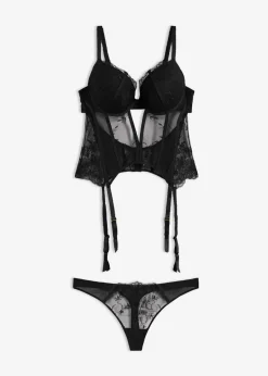 bonprix Corsagen & Negligés|Dessous^Corsage mit Bügel und String mit edler Stickerei (2-tlg.Set) schwarz