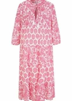bonprix Bekleidung·Pullover & Strickjacken|Kleider^Crincle-Web-Baumwollmidikleid mit Taschen und 3/4- Arm weiß/rosa/pinklady paisley
