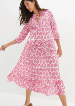 bonprix Bekleidung·Pullover & Strickjacken|Kleider^Crincle-Web-Baumwollmidikleid mit Taschen und 3/4- Arm weiß/rosa/pinklady paisley