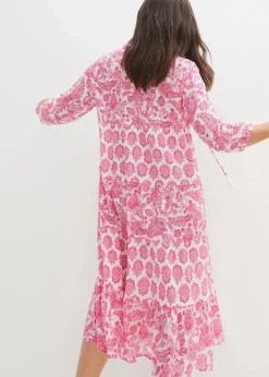 bonprix Bekleidung·Pullover & Strickjacken|Kleider^Crincle-Web-Baumwollmidikleid mit Taschen und 3/4- Arm weiß/rosa/pinklady paisley