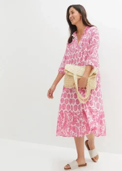 bonprix Bekleidung·Pullover & Strickjacken|Kleider^Crincle-Web-Baumwollmidikleid mit Taschen und 3/4- Arm weiß/rosa/pinklady paisley
