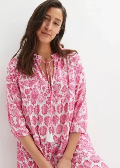 bonprix Bekleidung·Pullover & Strickjacken|Kleider^Crincle-Web-Baumwollmidikleid mit Taschen und 3/4- Arm weiß/rosa/pinklady paisley