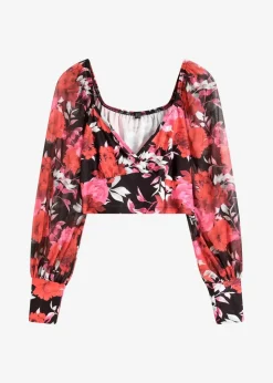 bonprix Bekleidung·Jacken & Mäntel|Blusen & Tuniken^Cropped Blusentop schwarz geblümt