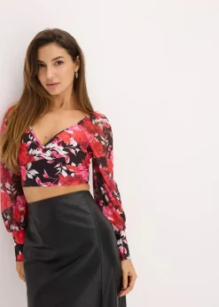 bonprix Bekleidung·Jacken & Mäntel|Blusen & Tuniken^Cropped Blusentop schwarz geblümt