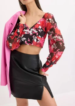 bonprix Bekleidung·Jacken & Mäntel|Blusen & Tuniken^Cropped Blusentop schwarz geblümt