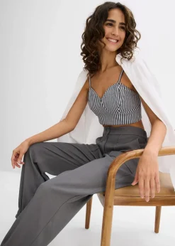 bonprix Shirts & Tops|Nachhaltigere Materialien^Cropped Top aus reiner Bio-Baumwolle (2er Pack) weiß/dunkelblau gestreift + schwarz