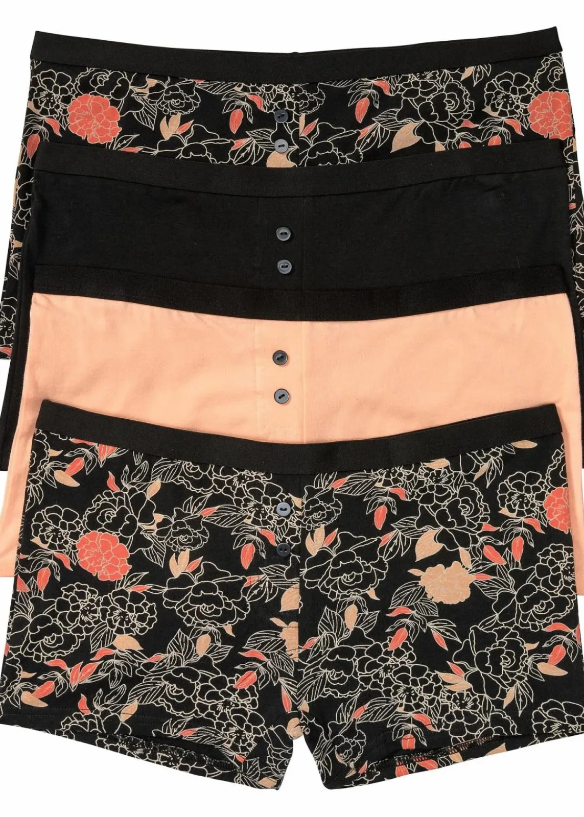 bonprix Wäsche·Baumwollunterwäsche|Wäsche·Höschen^Damen Boxer (4er Pack) schwarz gebluemt + schwarz + melba