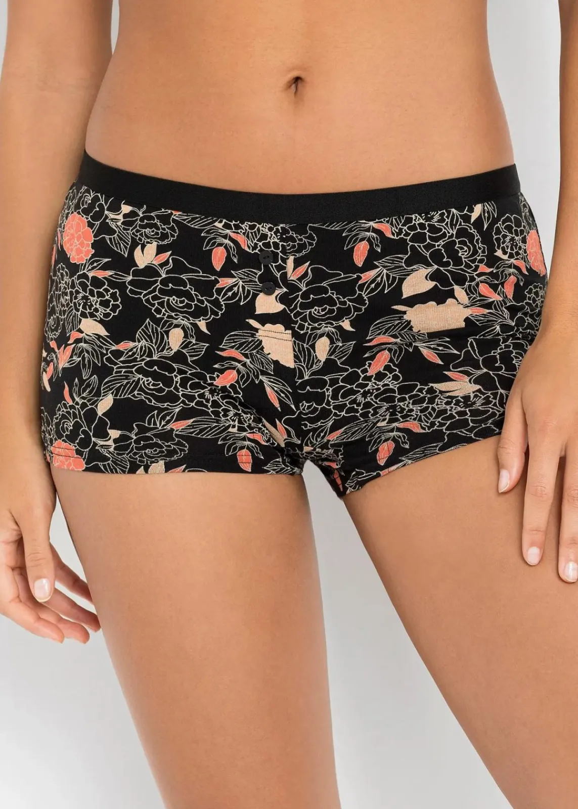 bonprix Wäsche·Baumwollunterwäsche|Wäsche·Höschen^Damen Boxer (4er Pack) schwarz gebluemt + schwarz + melba