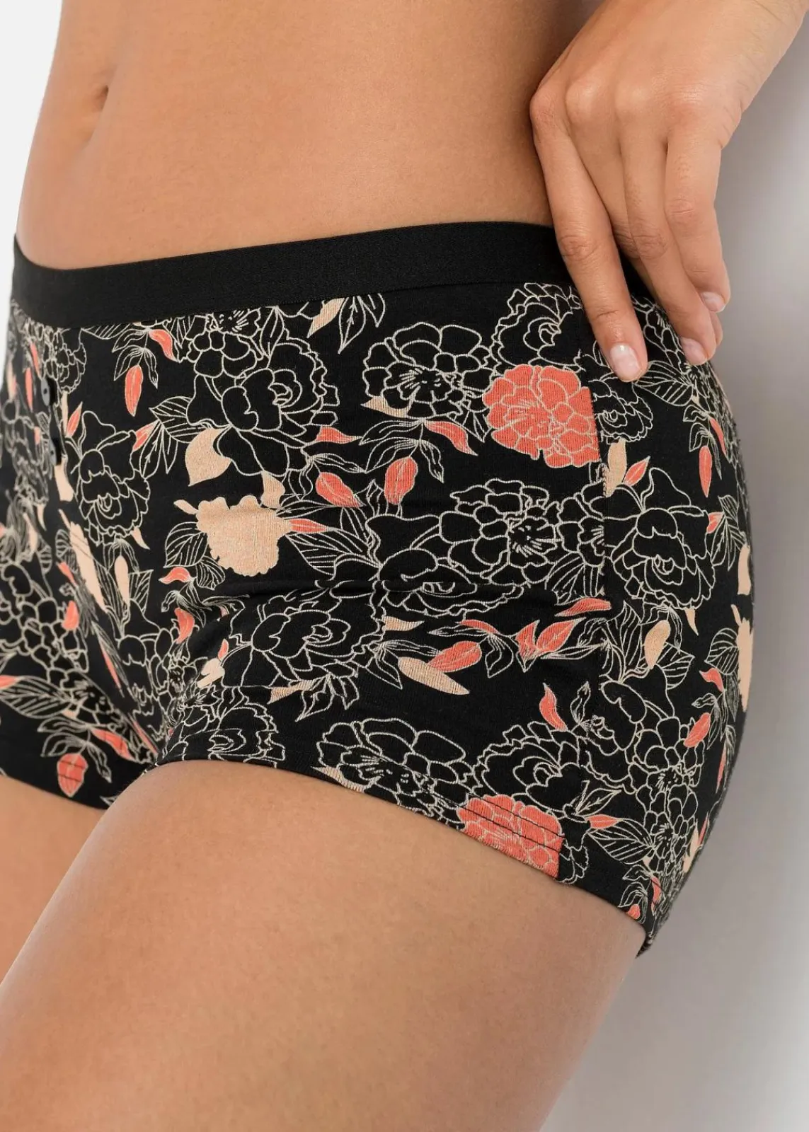 bonprix Wäsche·Baumwollunterwäsche|Wäsche·Höschen^Damen Boxer (4er Pack) schwarz gebluemt + schwarz + melba