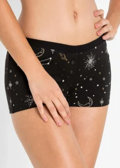 bonprix Wäsche·Baumwollunterwäsche|Wäsche·Höschen^Damen Boxer (4er Pack) schwarz + wollweiß + gold bedruckt