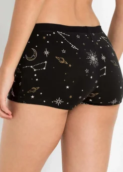 bonprix Wäsche·Baumwollunterwäsche|Wäsche·Höschen^Damen Boxer (4er Pack) schwarz + wollweiß + gold bedruckt