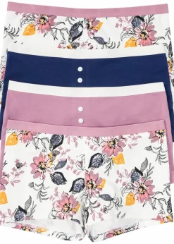 bonprix Wäsche·Baumwollunterwäsche|Wäsche·Höschen^Damen Boxer (4er Pack) ecru bedruckt + altrosé + nachtblau