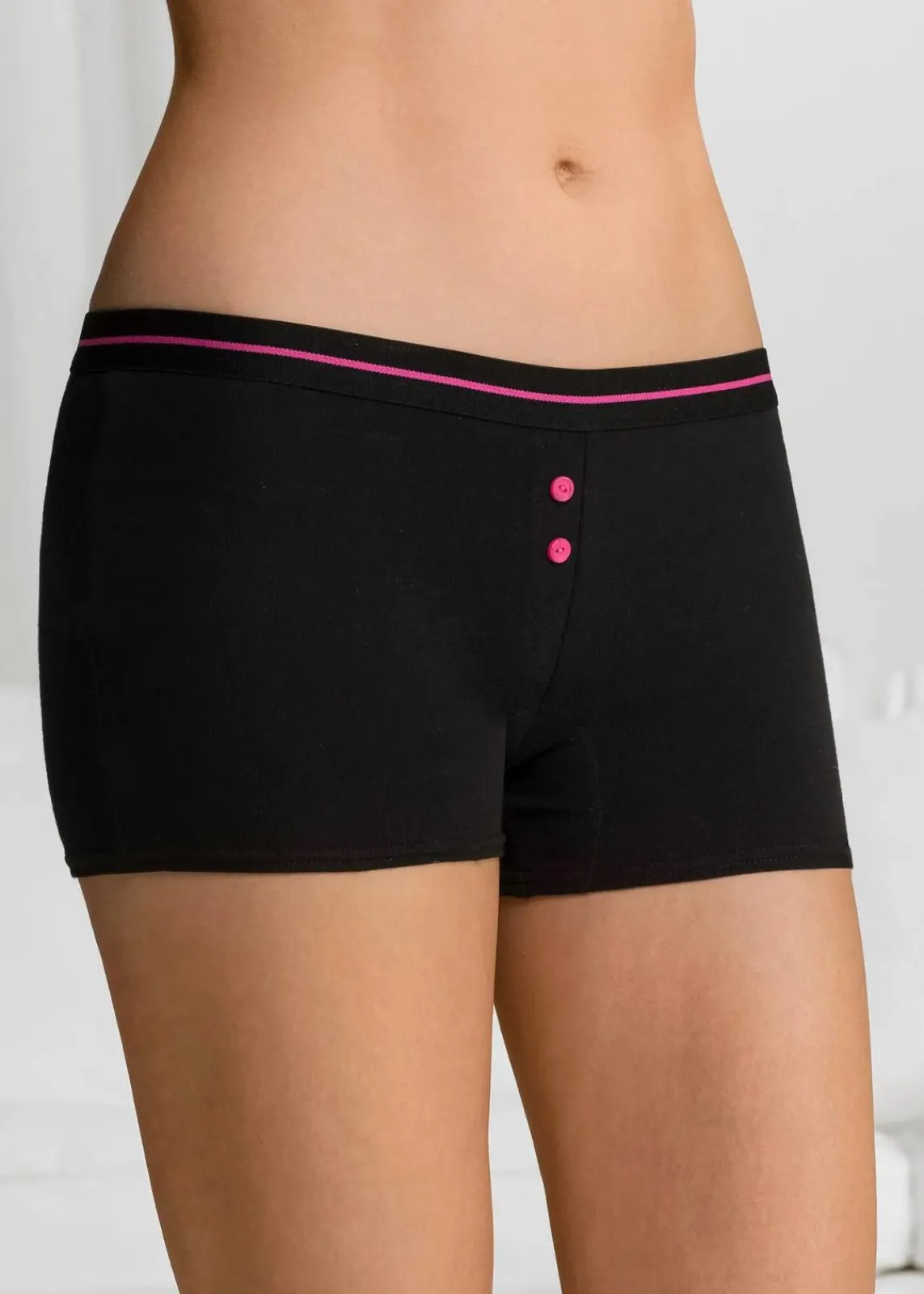 bonprix Wäsche·Baumwollunterwäsche|Wäsche·Höschen^Damen Boxer (4er Pack) schwarz + pink + blau