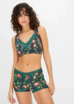bonprix Wäsche·Baumwollunterwäsche|Nachhaltigere Materialien^Damen Boxer mit Bio-Baumwolle (4er Pack) mattgruen geblümt + waldbeere