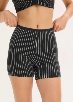 bonprix Wäsche·Baumwollunterwäsche|Baumwollunterwäsche^Damen Taillen Boxer mit längerem Bein (4er Pack) schwarz/wollweiß-gestreift+ahornrot