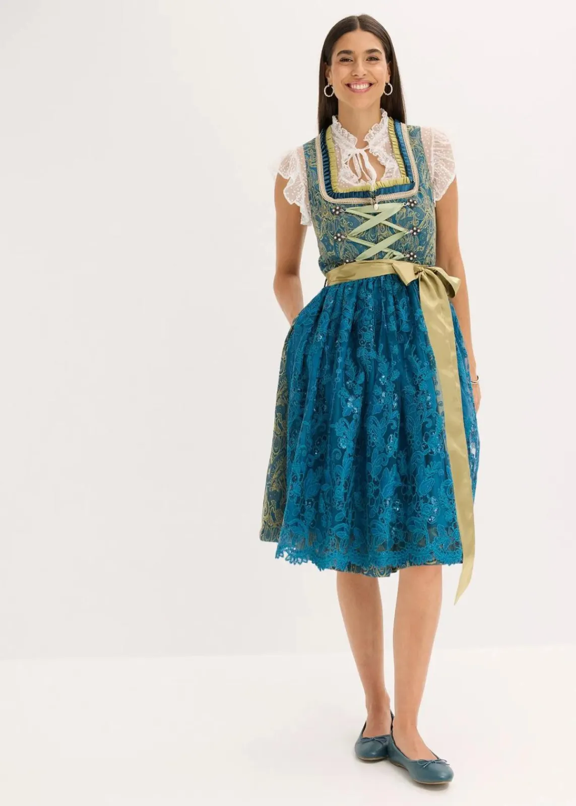 bonprix Kleider|Bekleidung·Pullover & Strickjacken^Dirndl mit Pailletten Schürze (2-tlg.Set) ozeanblau/olivgrün