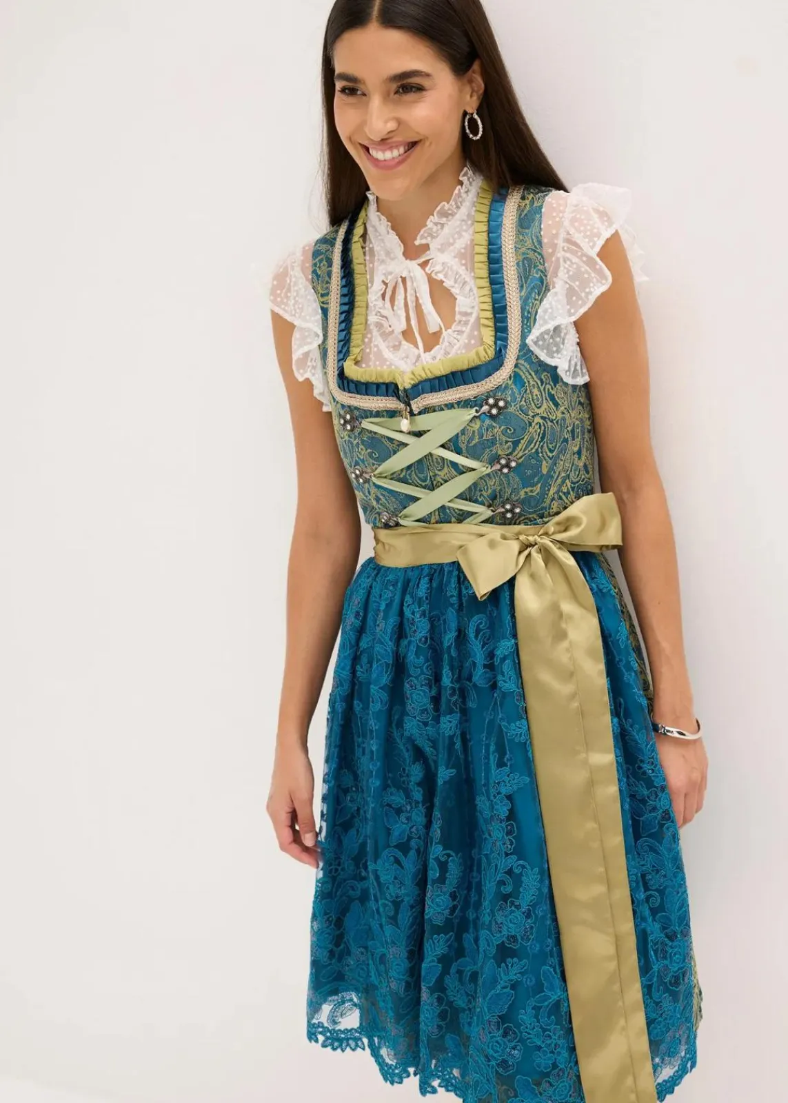 bonprix Kleider|Bekleidung·Pullover & Strickjacken^Dirndl mit Pailletten Schürze (2-tlg.Set) ozeanblau/olivgrün