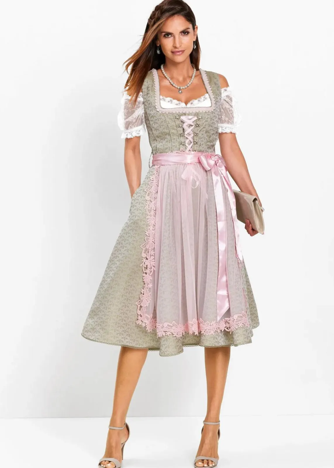 bonprix Bekleidung·Pullover & Strickjacken|Kleider^Dirndl mit Perlen (2-tlg.Set) new khaki/hellrosa/puderrosa bedruckt