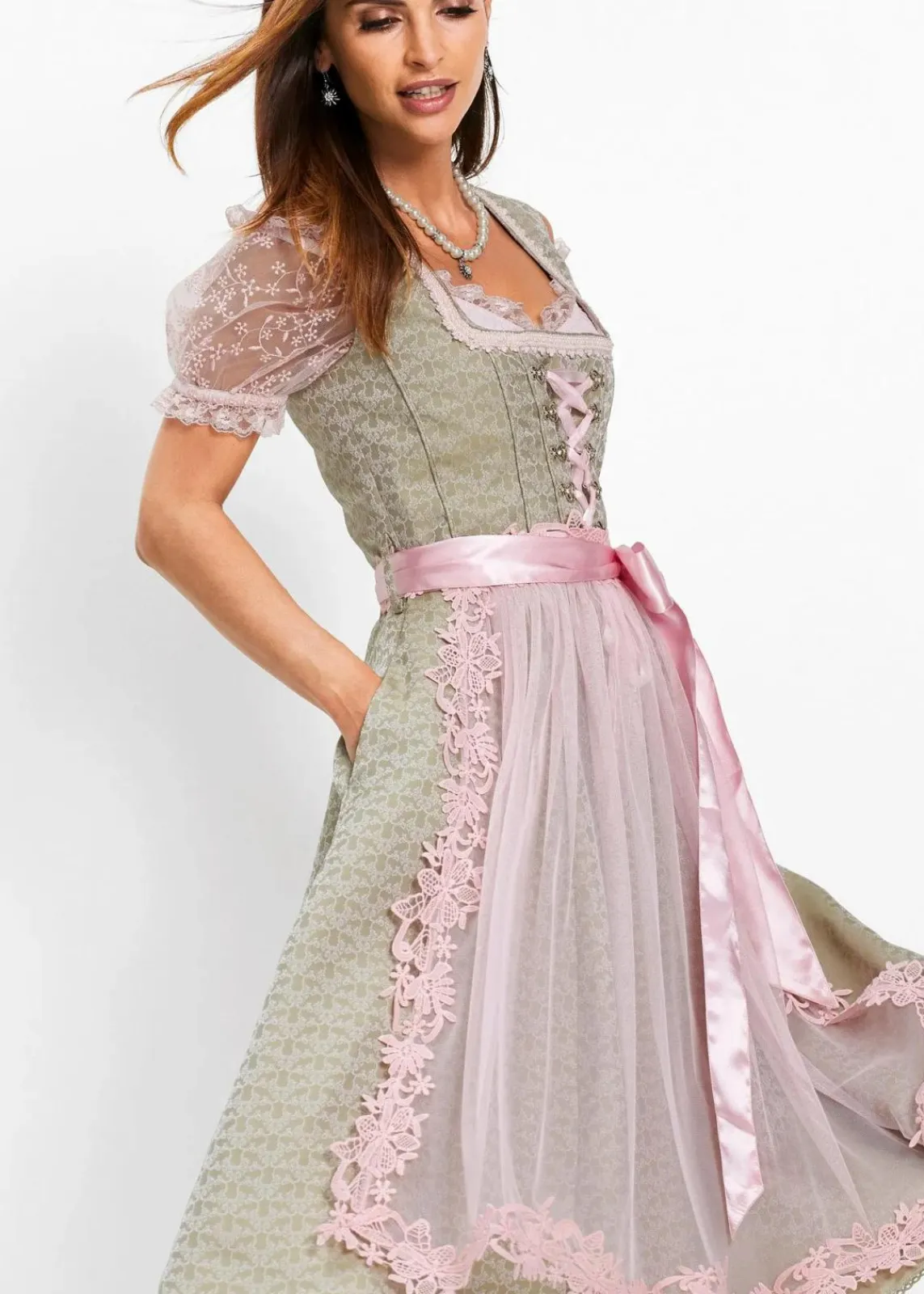 bonprix Bekleidung·Pullover & Strickjacken|Kleider^Dirndl mit Perlen (2-tlg.Set) new khaki/hellrosa/puderrosa bedruckt