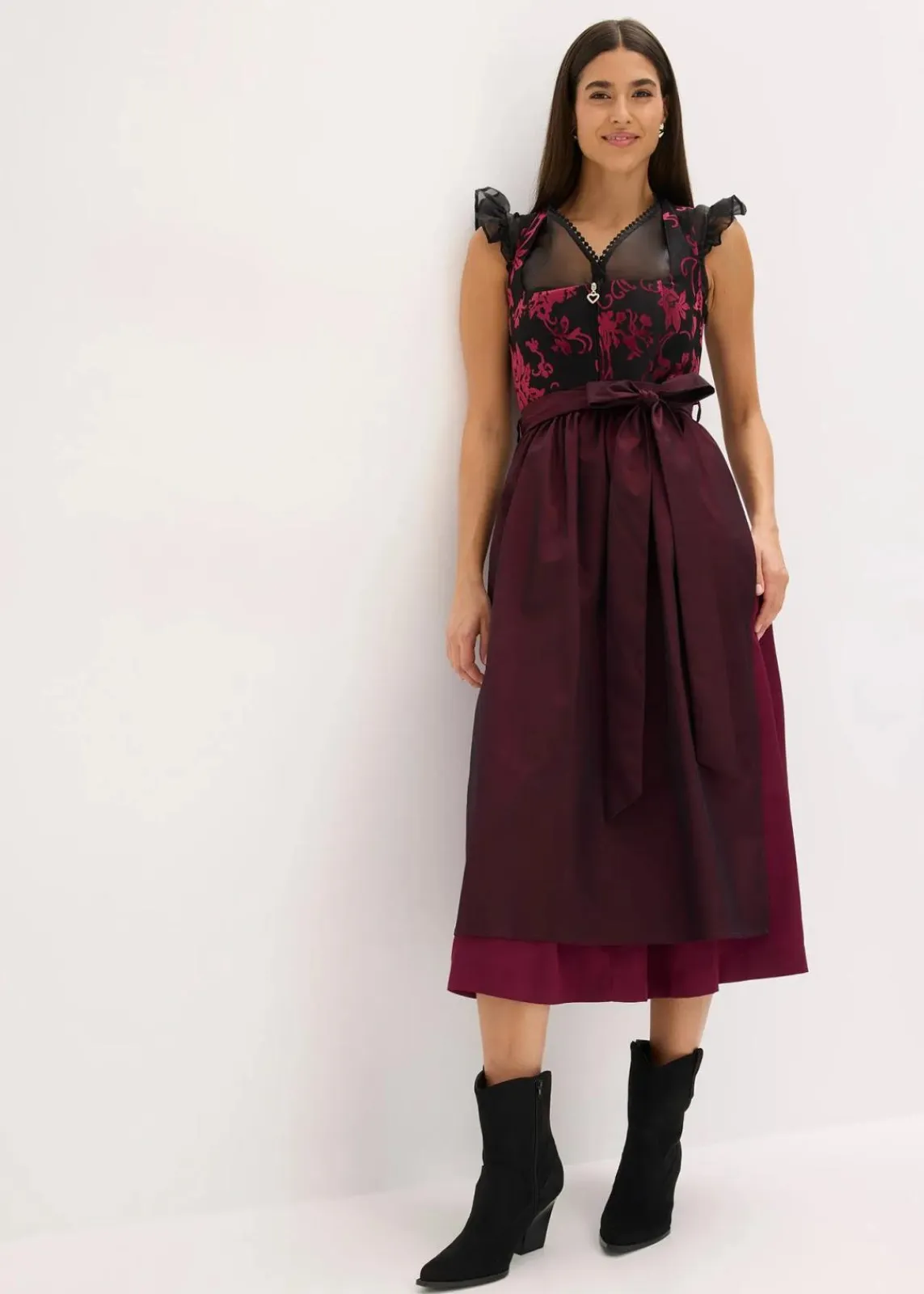 bonprix Bekleidung·Pullover & Strickjacken|Kleider^Dirndl mit Samt in Midilänge (2-tlg.Set) dunkelrot