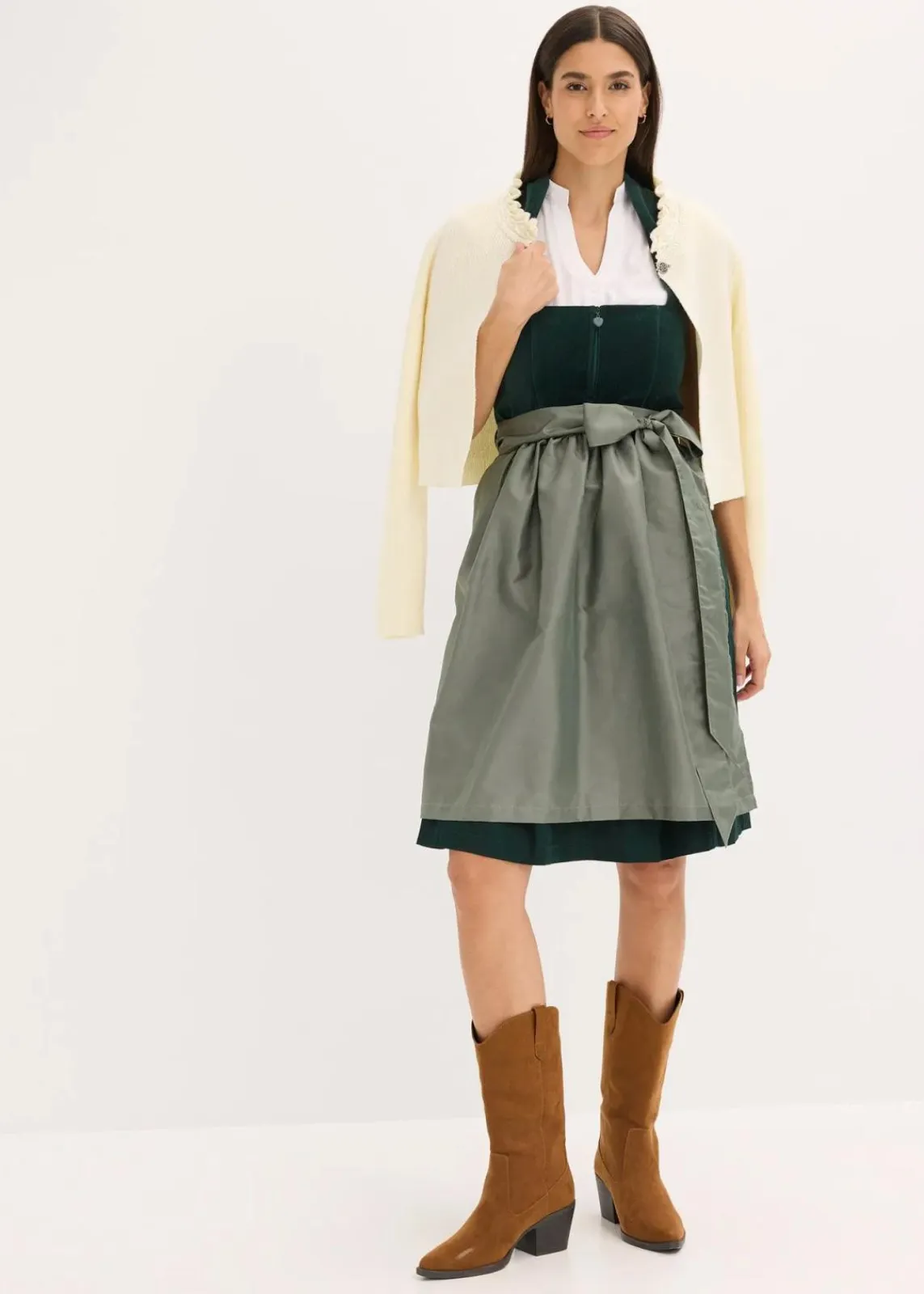 bonprix Bekleidung·Pullover & Strickjacken|Kleider^Dirndl mit Samt-Mieder und Satin-Schürze (2-tlg.Set) dunkeloliv/oliv