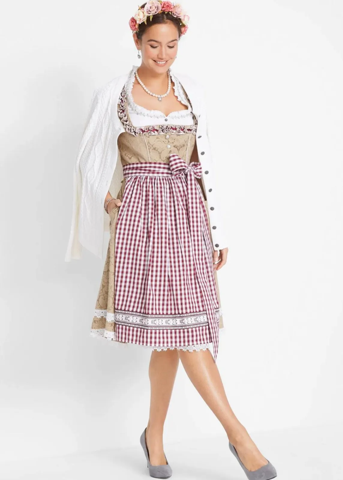 bonprix Bekleidung·Pullover & Strickjacken|Kleider^Dirndl mit Schürze, knieumspielend (2-tlg. Set) new beige gemustert