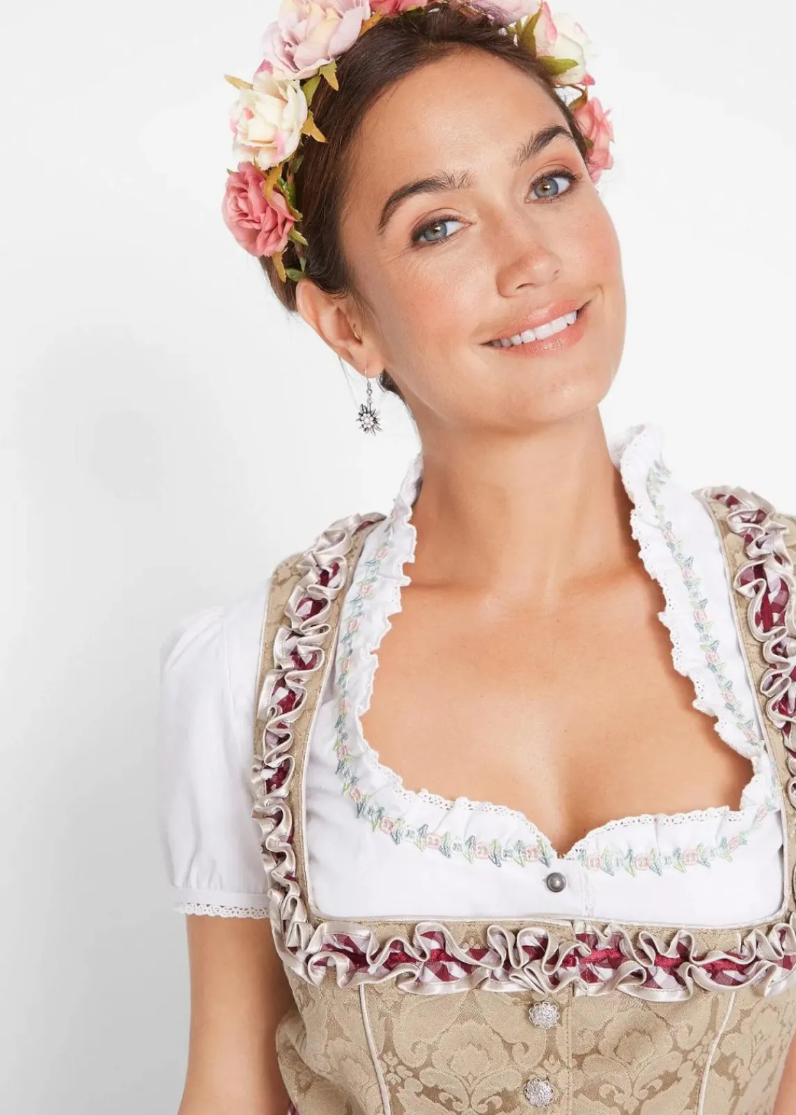 bonprix Bekleidung·Pullover & Strickjacken|Kleider^Dirndl mit Schürze, knieumspielend (2-tlg. Set) new beige gemustert