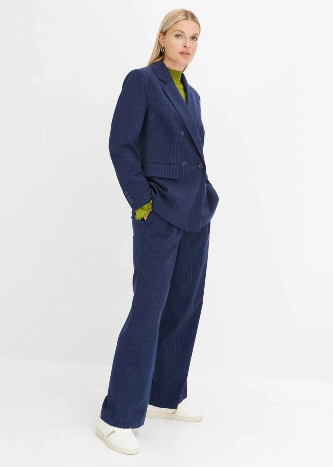 bonprix Bekleidung·Basics|Blazer^Doppelreihiger Blazer aus Viskose-Mix dunkelblau/wollweiß längs gestreift