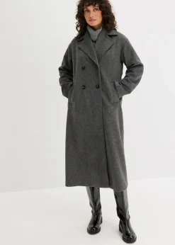 bonprix Kurzgrößen|Bekleidung·Hosen^Doppelreihiger Oversize-Mantel in Wolloptik anthrazit meliert