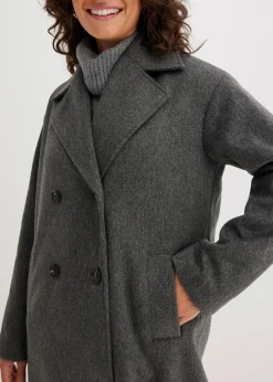 bonprix Kurzgrößen|Bekleidung·Hosen^Doppelreihiger Oversize-Mantel in Wolloptik anthrazit meliert
