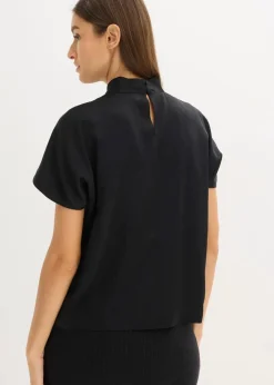 bonprix Bekleidung·Jacken & Mäntel|Blusen & Tuniken^Elegante Kurzarmbluse aus glänzenden Satin schwarz